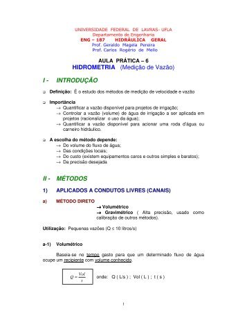 Medição de Vazão - DEG - Departamento de Engenharia ( UFLA )