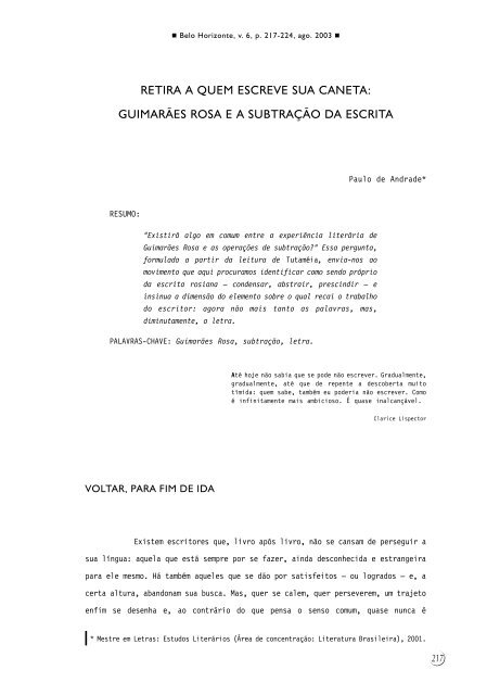 retira a quem escreve sua caneta: guimarães rosa ea  - FALE