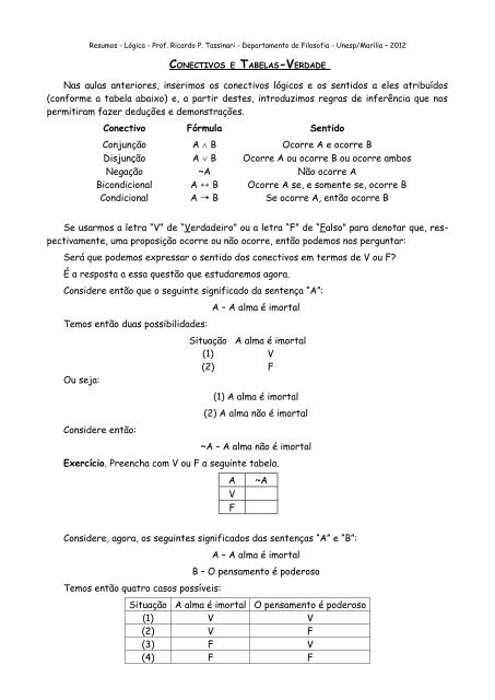 Conectivos e Tabelas-Verdade - Unesp