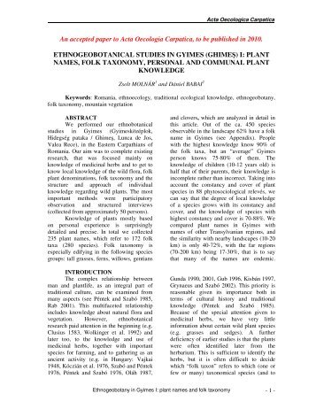 An accepted paper to Acta Oecologia Carpatica, to be published in ...
