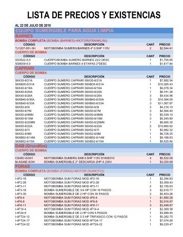 LISTA DE PRECIOS Y EXISTENCIAS - durman.com.mx