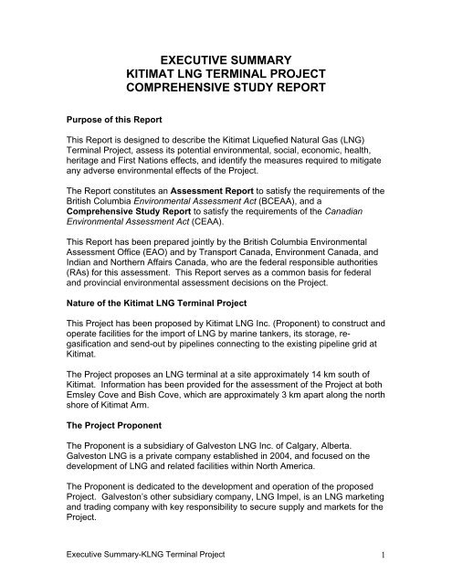 executive summary kitimat lng terminal project comprehensive study ...