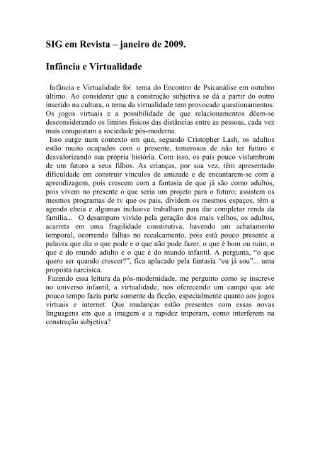 Infância e Virtualidade - Sigmund Freud Associação Psicanalítica