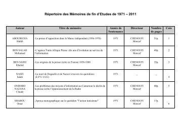 Répertoire des Mémoires de fin d'Etudes de 1971 – 2011 - IPSI