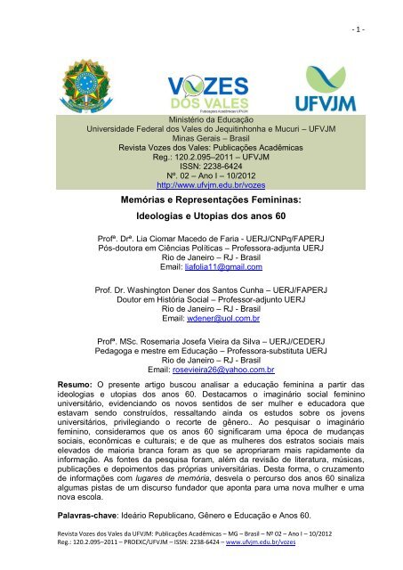 Olhar Feminino sobre ideologias e utopias dos anos 60 ... - UFVJM