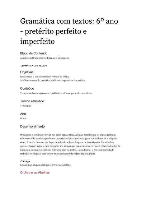 Gramática com textos: 6º ano - pretérito perfeito e imperfeito