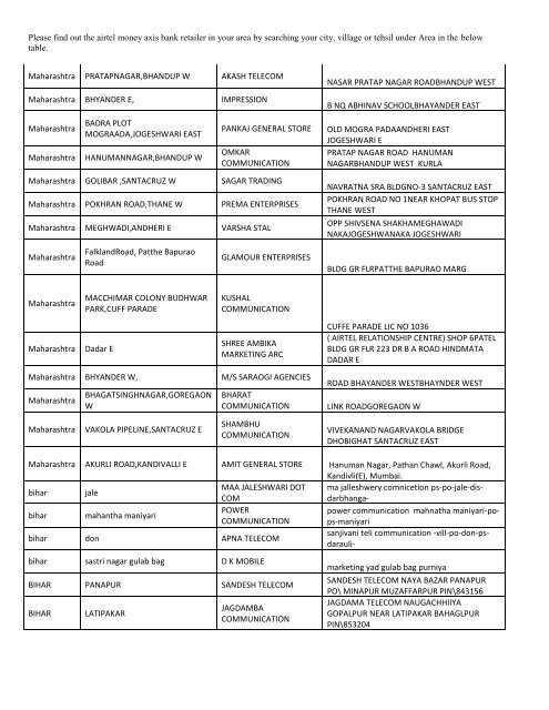 airtel money axis bank outlets