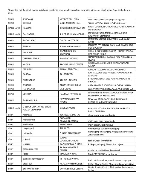 airtel money axis bank outlets