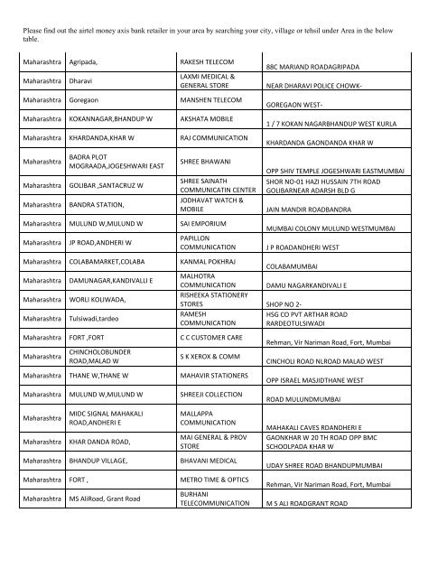 airtel money axis bank outlets