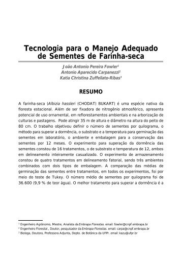 Tecnologia para o Manejo Adequado de Sementes de Farinha-seca