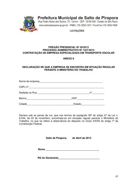 edital de pregão presencial nº 29/2013 processo administrativo nº ...