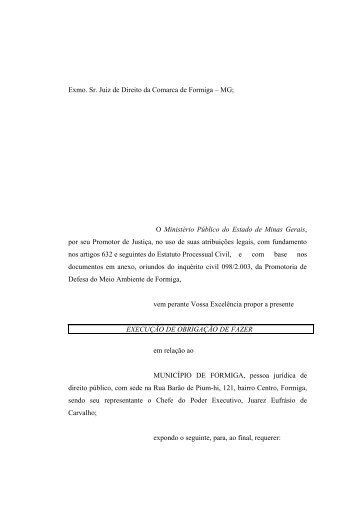 Exmo. Sr. Juiz de Direito da Comarca de Formiga – MG; O Ministério ...