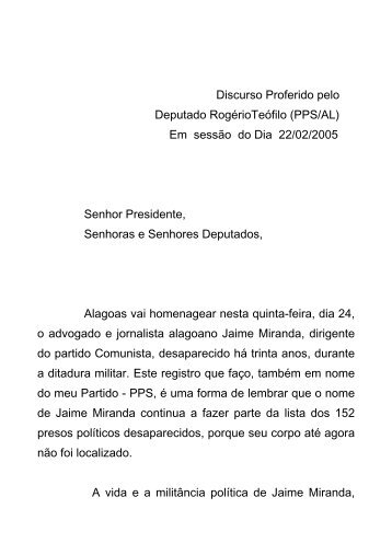 Discurso Proferido pelo Deputado RogérioTeófilo (PPS/AL) Em ...
