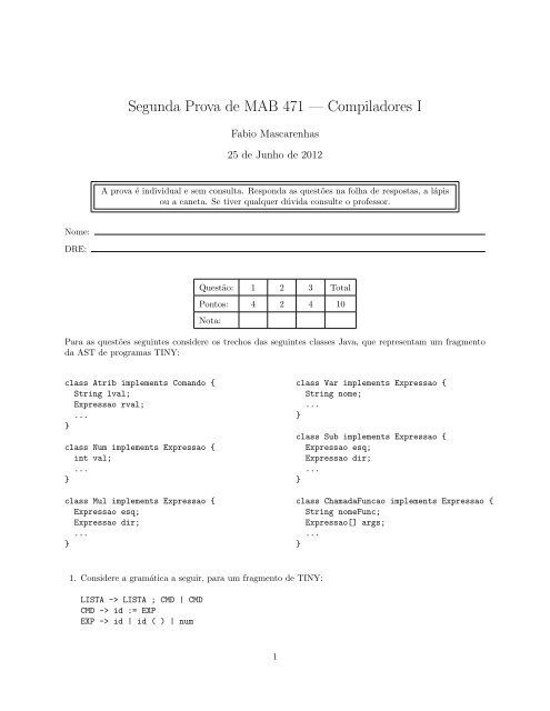 Segunda Prova de MAB 471 — Compiladores I - DCC