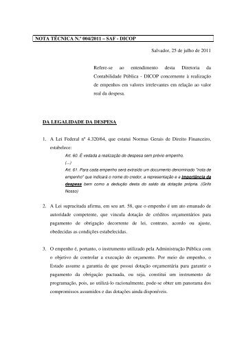 NOTA TÉCNICA N.º 004/2011 – SAF - DICOP Salvador, 25 de julho ...