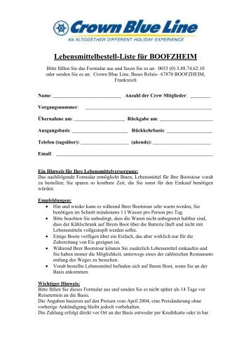 Lebensmittelbestell-Liste für BOOFZHEIM - Crown Blue Line GmbH