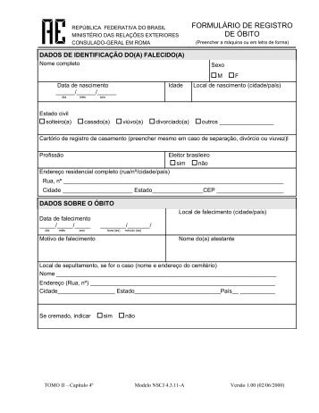 formulário de registro de óbito - Consulado-Geral do Brasil em Roma