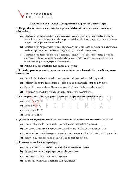 EXAMEN TEST TEMA 11: Seguridad e higiene en Cosmetología 1 ...