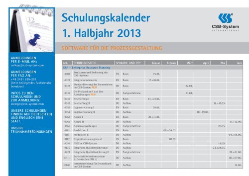 Schulungskalender 1. halbjahr 2013 - CSB-System