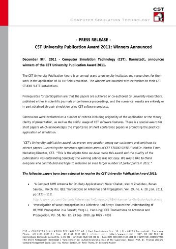 CST University Publication Award 2011: Winners Announced