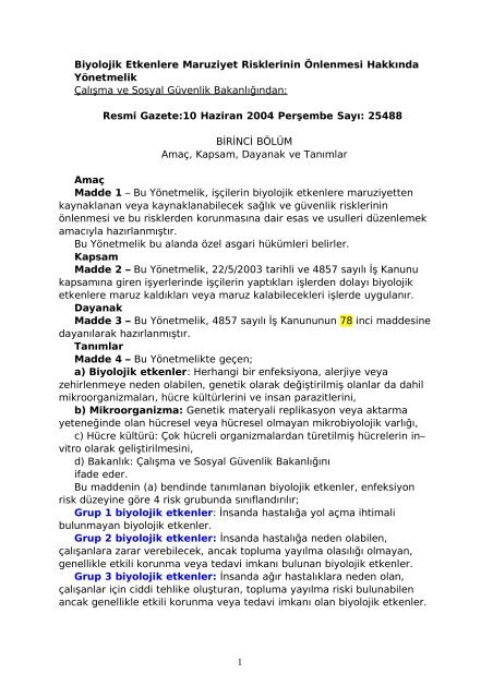 Biyolojik Etkenlere Maruziyet Risklerinin Önlenmesi Hakkında