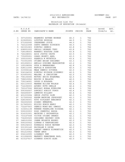 2012-2013 gssp admissions - Moi University