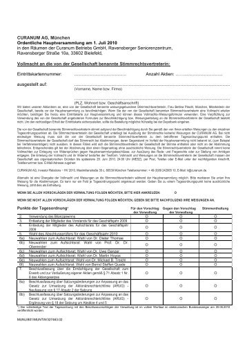 Vollmachtsformular (Stimmrechtsvertreterin) - Curanum