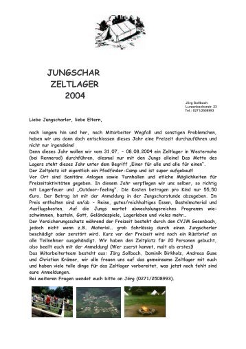 JUNGSCHAR ZELTLAGER 2004 - CVJM Gosenbach eV