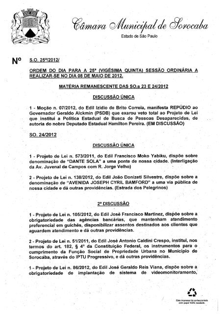 Projeto de Lei n. 260/2012, do Edil Rozendo de Oliveira e Outros, a