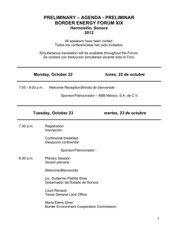 PRELIMINARY – AGENDA - PRELIMINAR BORDER ENERGY FORUM XIX - Texas ...