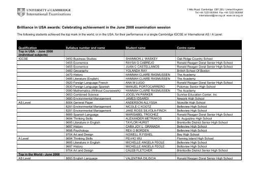 Brilliance in USA awards - Cambridge International Examinations