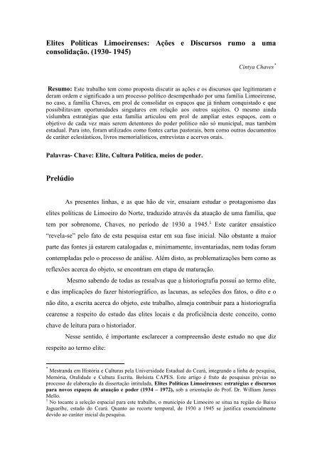 Elites Políticas Limoeirenses: Ações e Discursos rumo a ... - anpuh