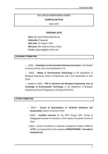 Curriculum Vitae RUI CARLOS MOREIRA BRÁS GOMES ... - Bio4E