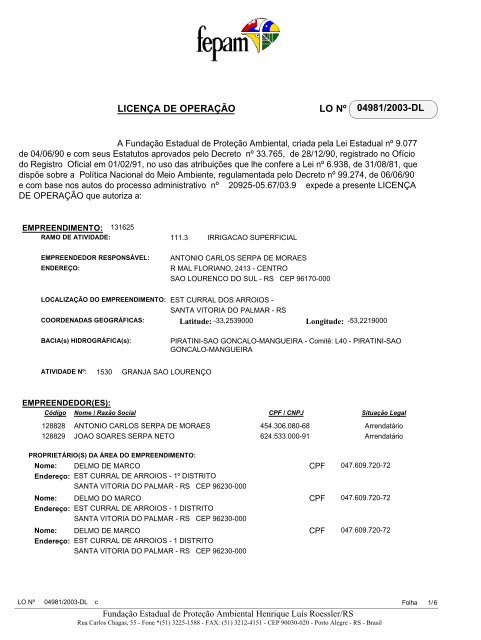 04981/2003-dl licença de operação lo nº - Fepam - Rio Grande do Sul