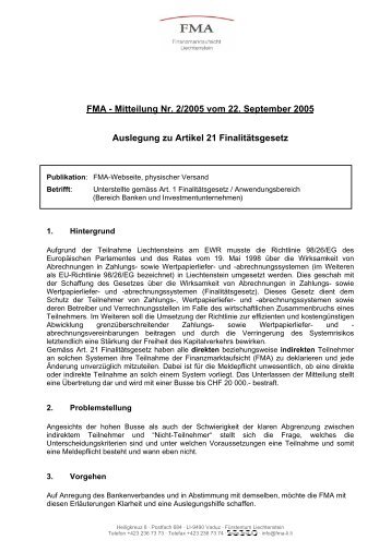 FMA - Mitteilung Nr. 2/2005 vom 22. September 2005 Auslegung zu ...