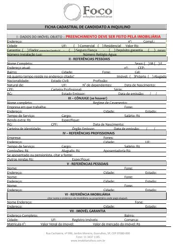 FICHA CADASTRAL DE CANDIDATO (A) a Inquilino (a) ( ) a Fiador ...