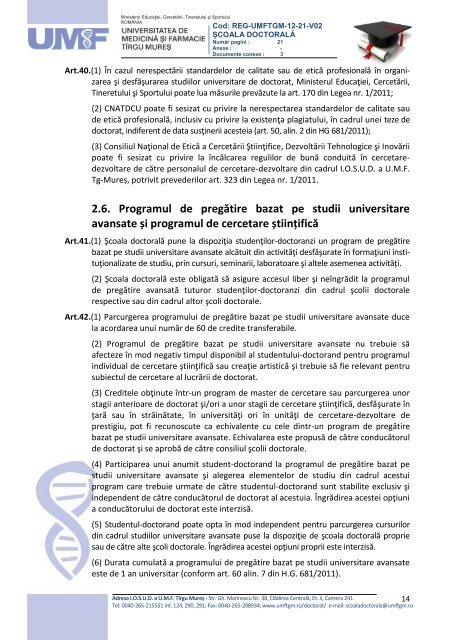 Regulament UMF Tirgu Mures Scoala Doctorala 2012