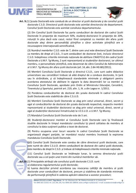 Regulament UMF Tirgu Mures Scoala Doctorala 2012