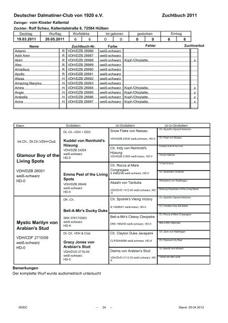 Zuchtbuch 2011 - Deutscher Dalmatiner Club von 1920 eV