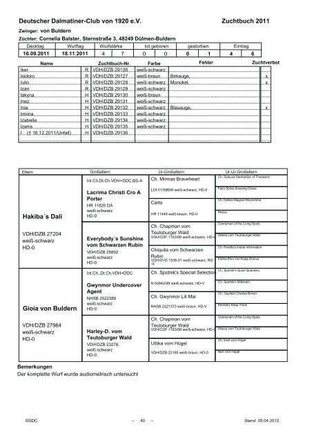 Zuchtbuch 2011 - Deutscher Dalmatiner Club von 1920 eV