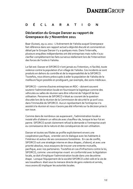 D É CL A R A T I O N Déclaration du Groupe Danzer au rapport de ...