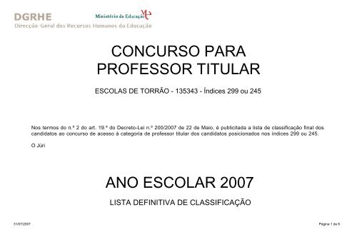 CONCURSO PARA PROFESSOR TITULAR ANO ESCOLAR 2007