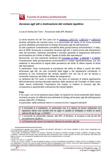 Accesso agli atti e motivazione del verbale ispettivo - Del Torto