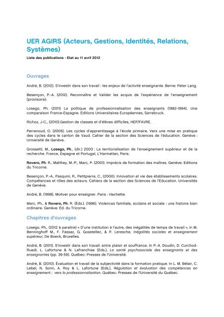 UER AGIRS (Acteurs, Gestions, Identités, Relations ... - HEP Vaud