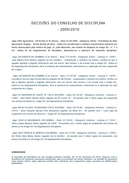 DECISÕES DO CONSELHO DE DISCIPLINA - 2009/2010