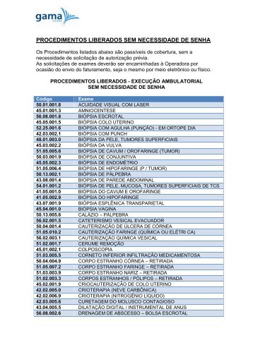 Procedimentos Ambulatoriais Não Sujeitos a Senhas