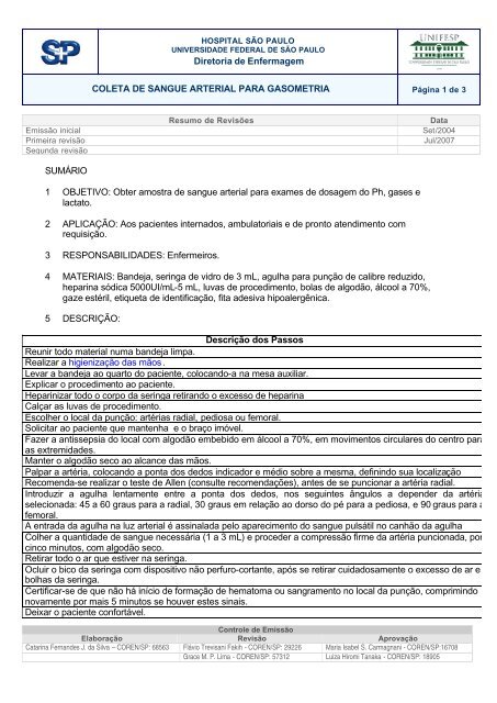 coleta de sangue arterial para gasometria - Unifesp