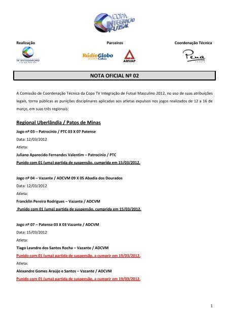 nota oficial nº 02 - Copa Integração de Futsal