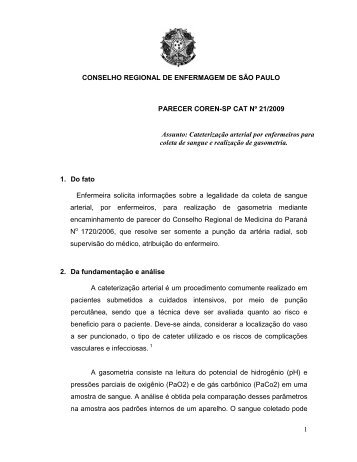 Cateterização arterial por enfermeiros para - coren-sp