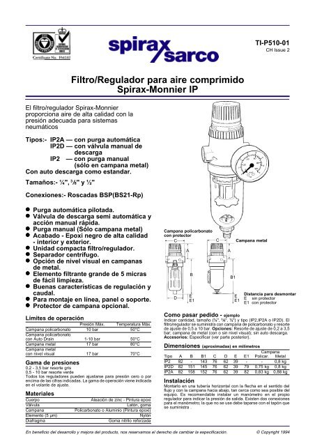Filtro/Regulador para aire comprimido Spirax ... - Spirax Sarco